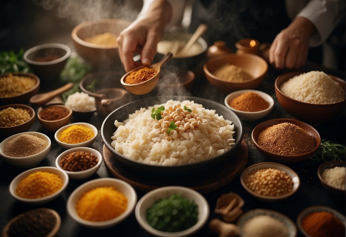 A chef mixing soy sauce, buttermilk, and spices to marinate chicken, surrounded by traditional Chinese cooking ingredients and utensils