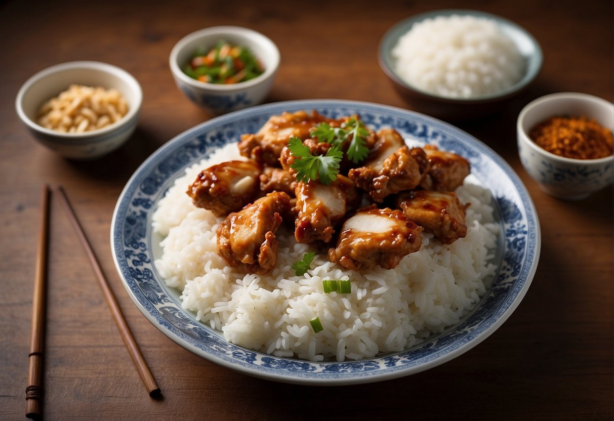 Chinese buttermilk chicken dish on a decorative plate with chopsticks and a side of steamed rice, surrounded by traditional Chinese spices and ingredients