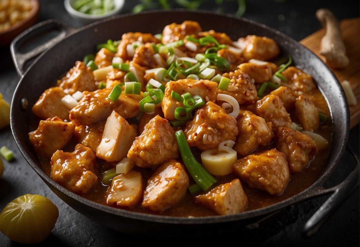 A sizzling wok with golden-brown chicken pieces in a fragrant buttermilk sauce. Ingredients like ginger, garlic, and green onions are neatly arranged nearby