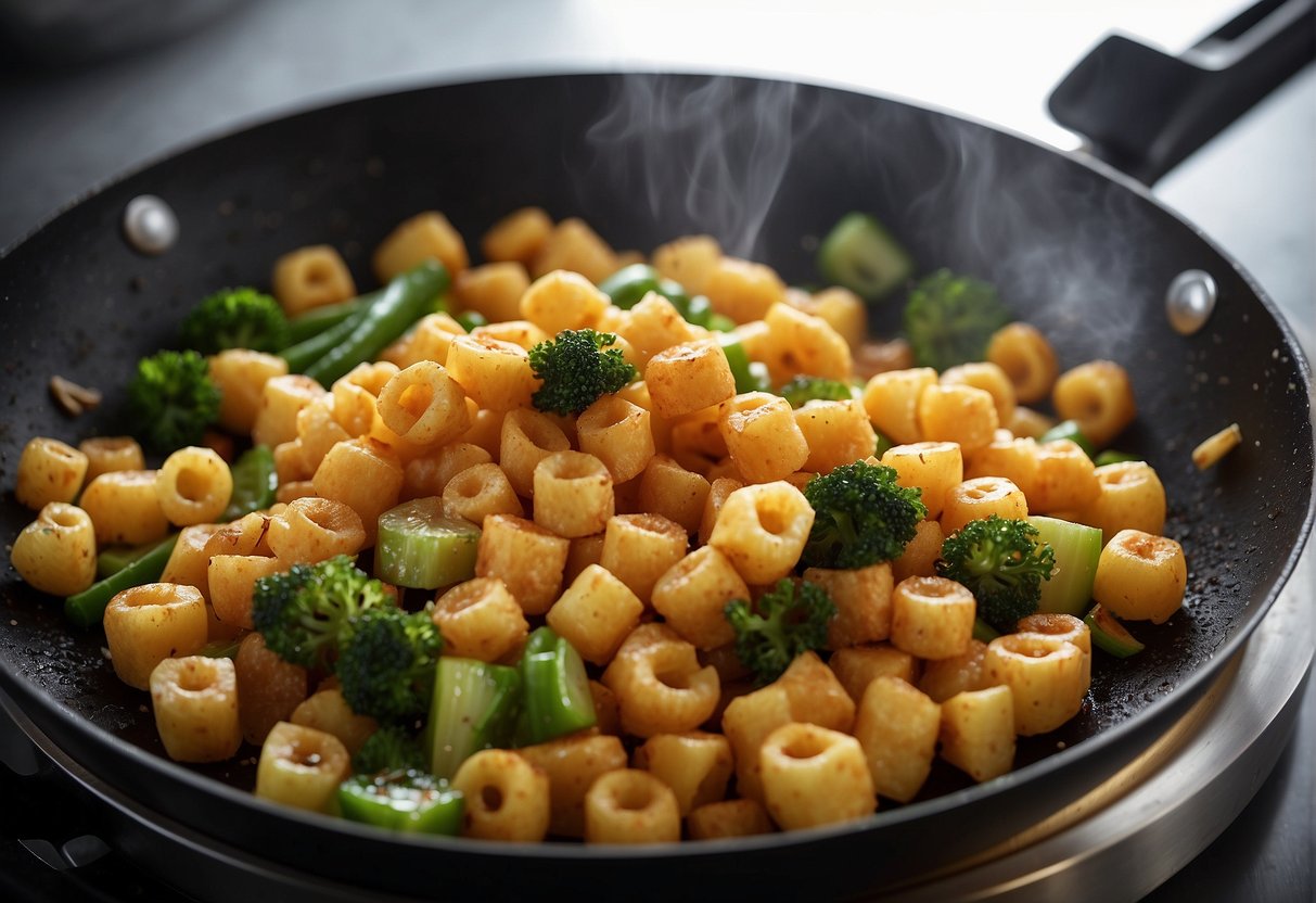 Fried macaroni sizzling in a wok with Chinese seasonings and vegetables
