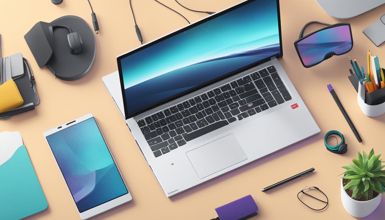 A sleek Lenovo laptop sits on a clean, modern desk, surrounded by tech accessories. The screen displays a vibrant image, showcasing its high-quality display