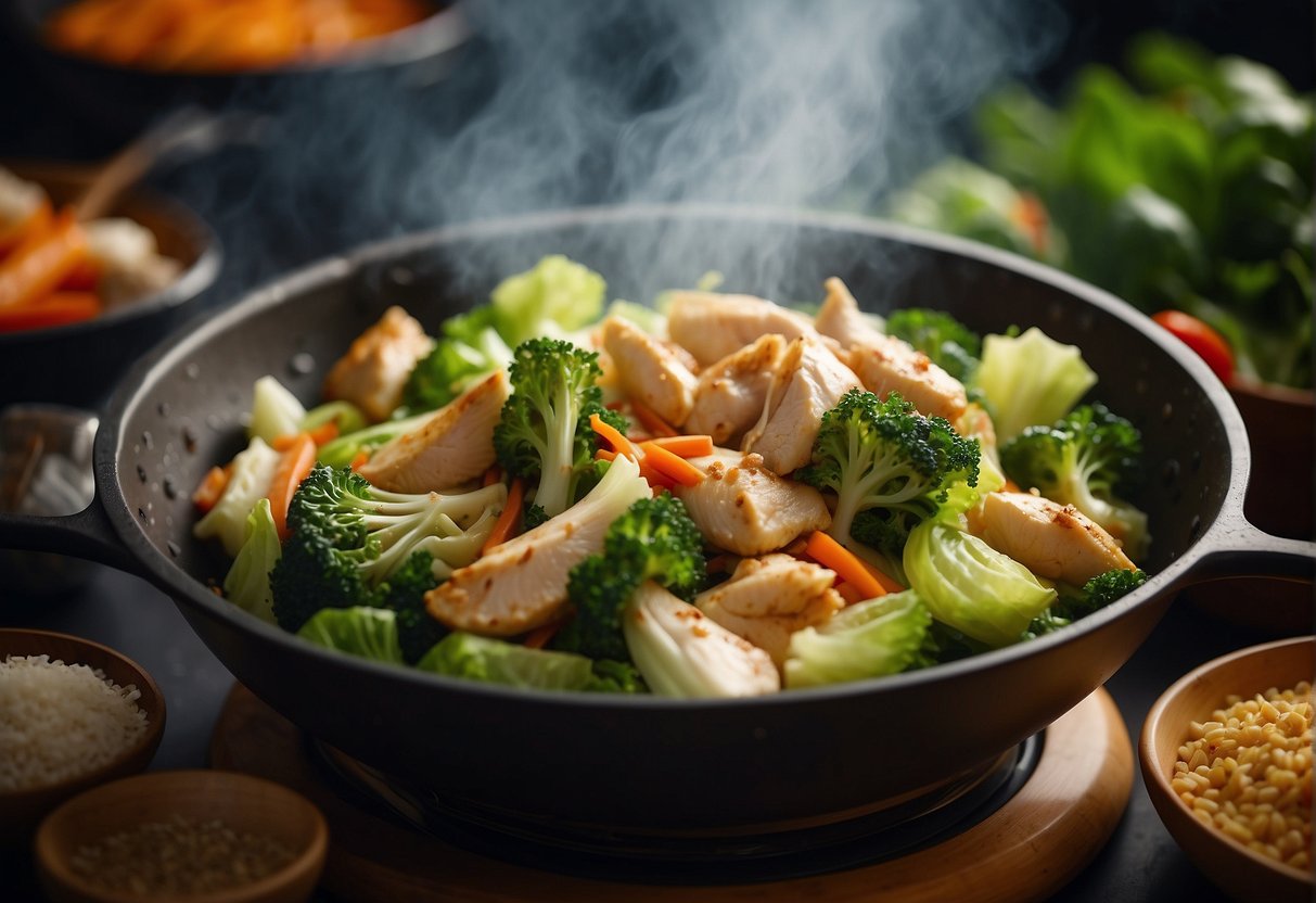 Chinese cabbage and chicken sizzle in a hot wok, surrounded by vibrant vegetables and aromatic spices