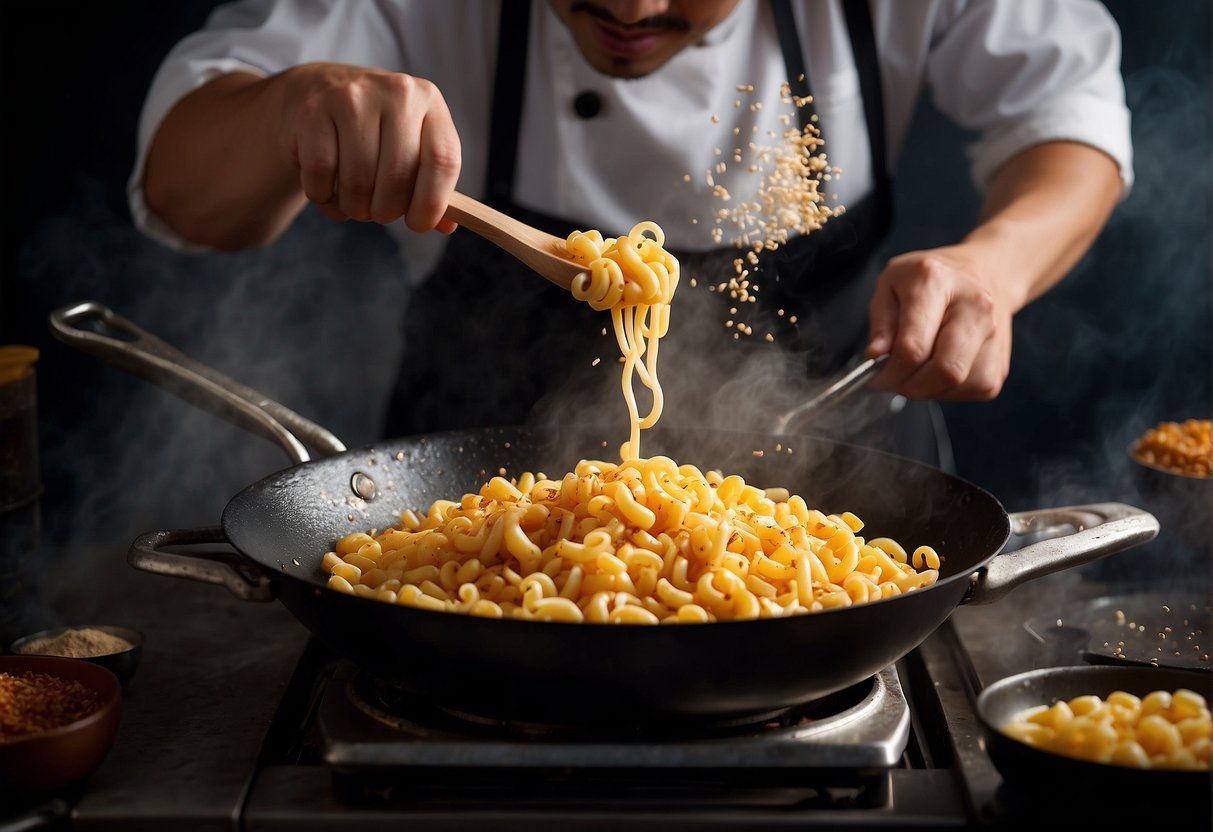 A chef tosses cooked macaroni in a sizzling wok with aromatic Chinese spices and sauces, creating a mouth-watering fried macaroni dish