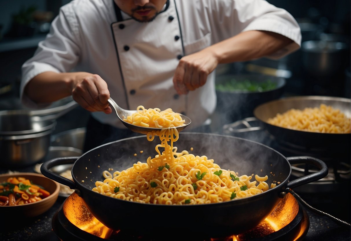 A chef mixes fried macaroni with Chinese spices and ingredients in a wok. Oil sizzles as the dish comes together