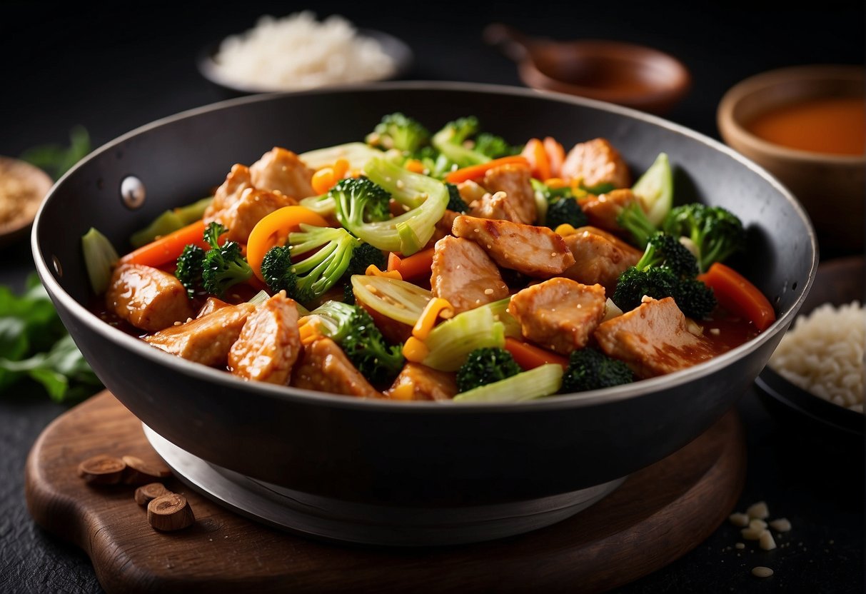 A wok sizzles with diced chicken, Chinese cabbage, and stir-fry sauce. A bowl of alternative ingredients sits nearby