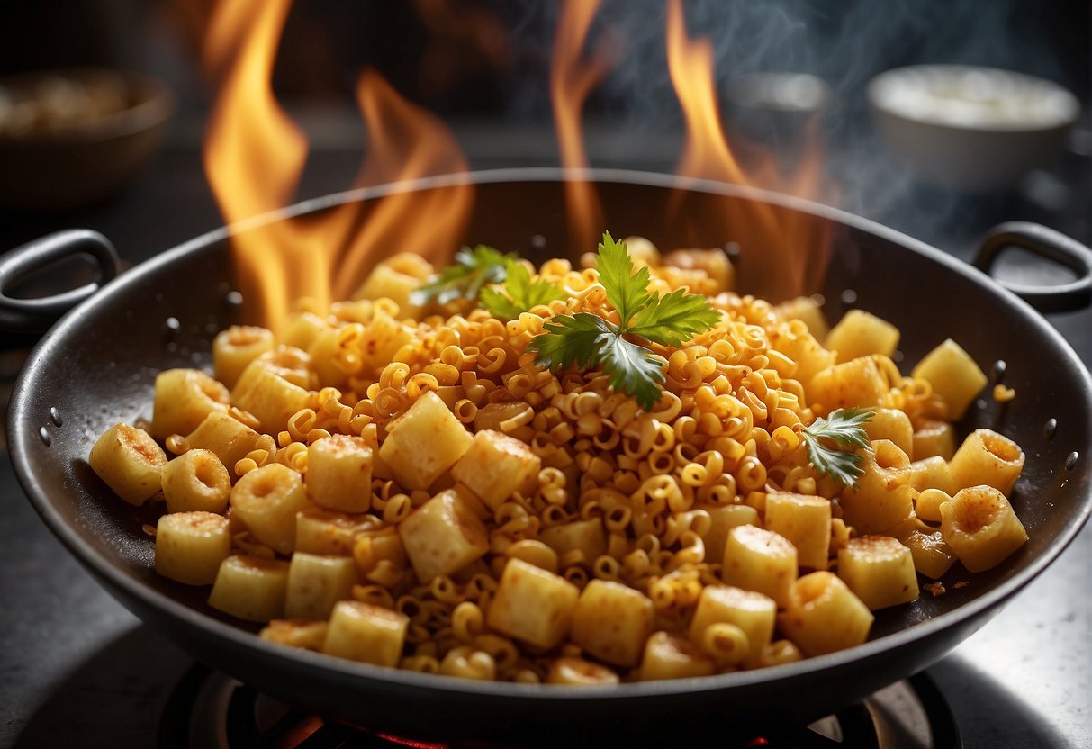 A wok sizzles with golden fried macaroni, infused with Chinese spices and flavors, symbolizing cultural significance