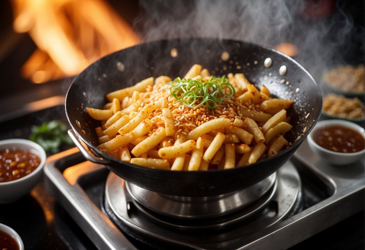 A sizzling wok fries up golden, crispy macaroni in a flavorful Chinese sauce, steam rising as the dish comes to life