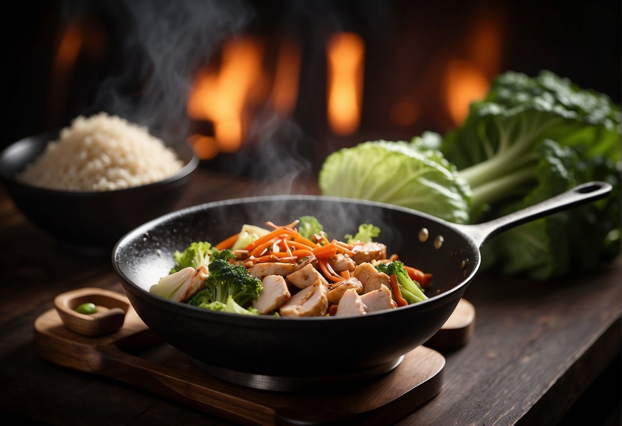 A sizzling wok with Chinese cabbage, chicken, and aromatic spices. A nutrition label with detailed information in the background