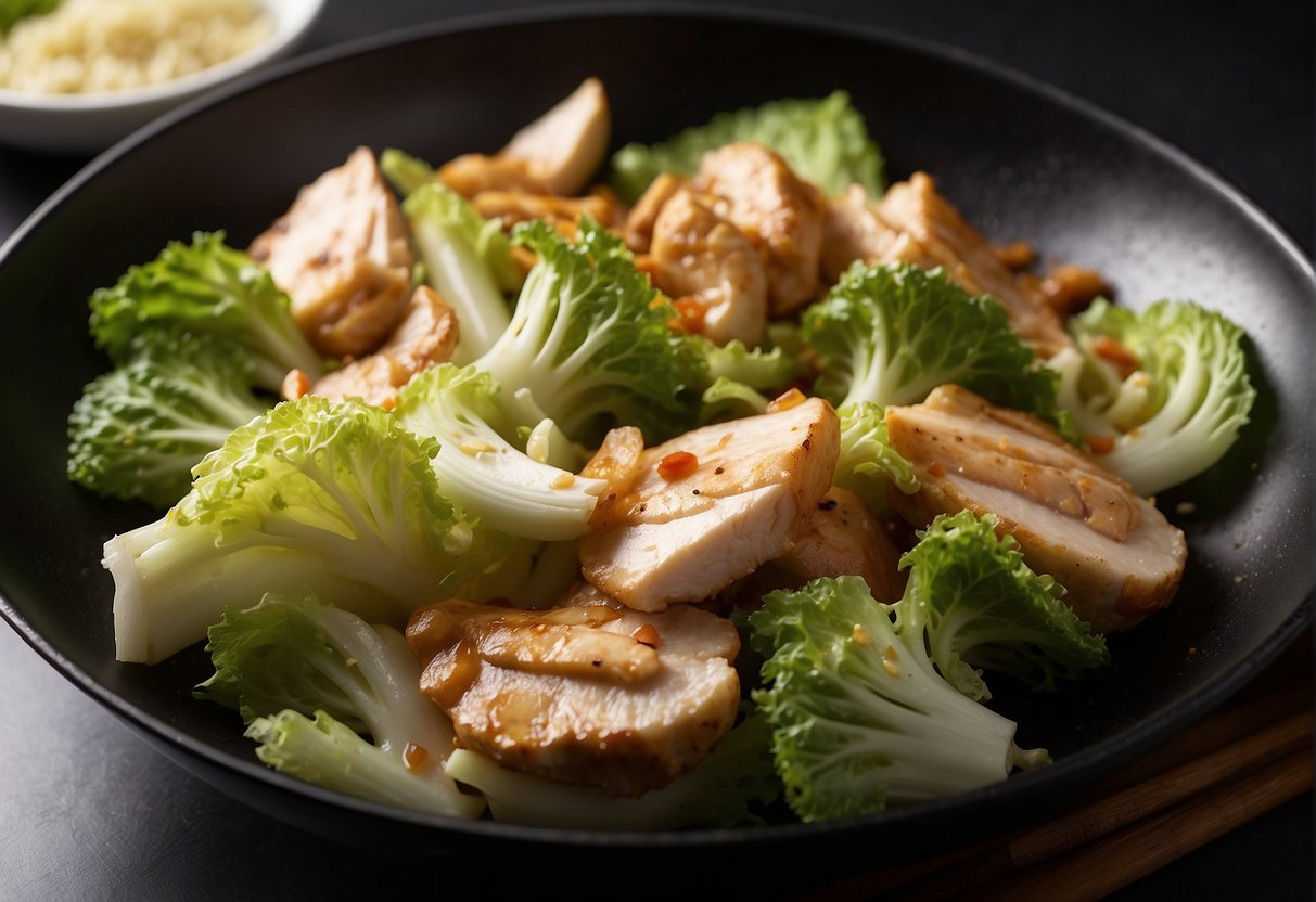 Chinese cabbage and chicken pieces sizzle in a hot wok. Garlic and ginger aromas fill the air. Soy sauce and oyster sauce are added for flavor
