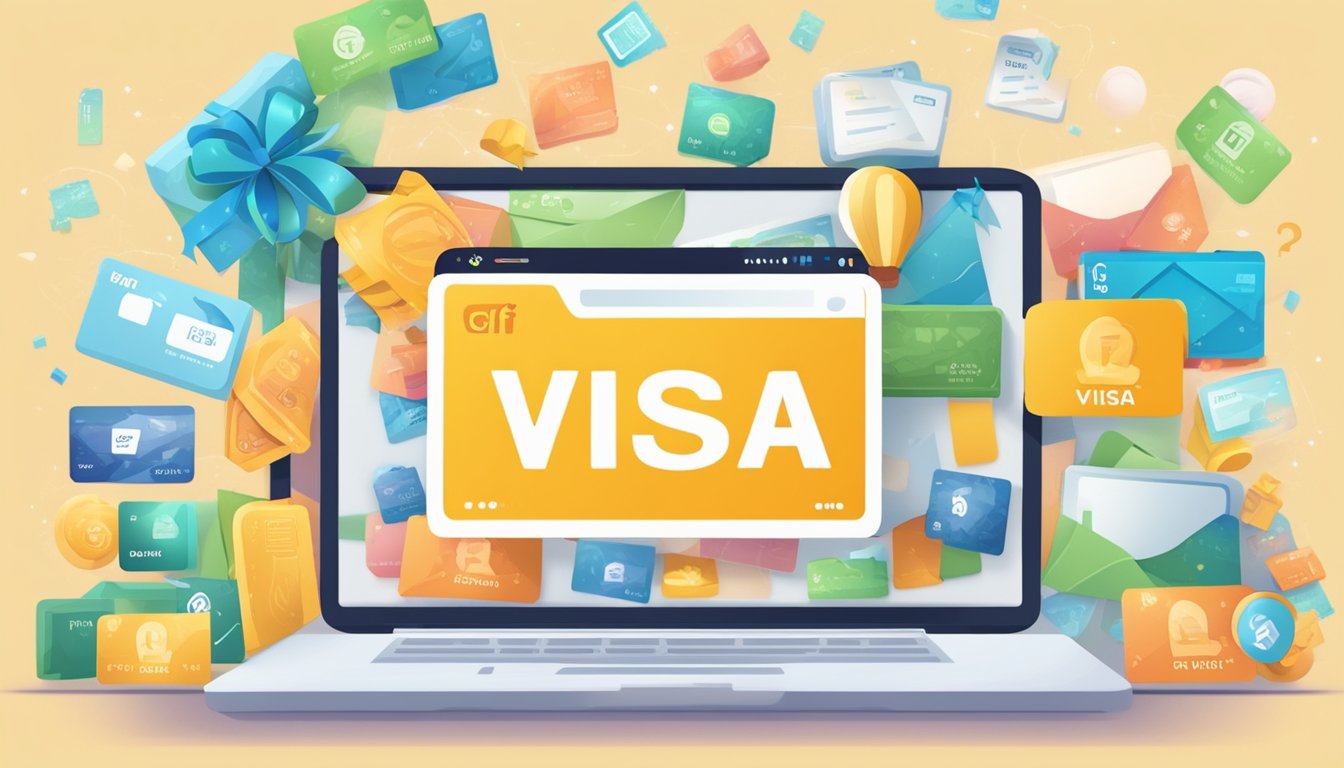A computer screen displaying a website with the title "Frequently Asked Questions buy visa gift card online" surrounded by various gift card images and a search bar
