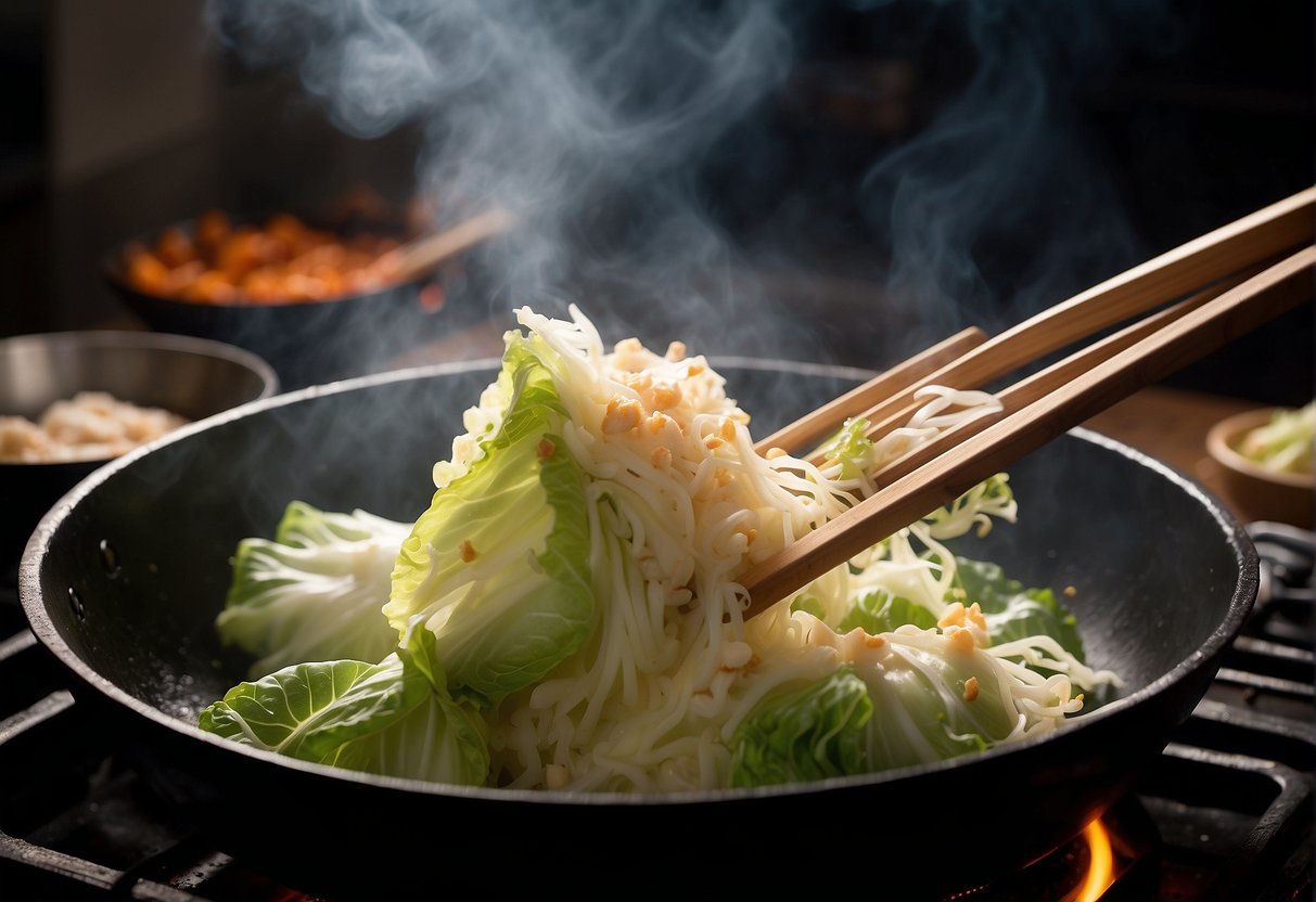 Chinese cabbage and chicken sizzle in a hot wok, steam rising as the ingredients are tossed together with soy sauce and garlic