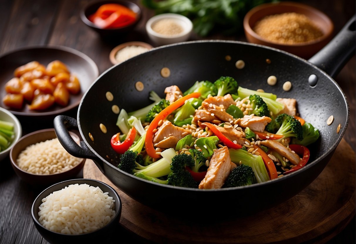 A sizzling wok with Chinese cabbage and chicken stir-fry, garnished with sesame seeds and green onions, surrounded by colorful ingredients