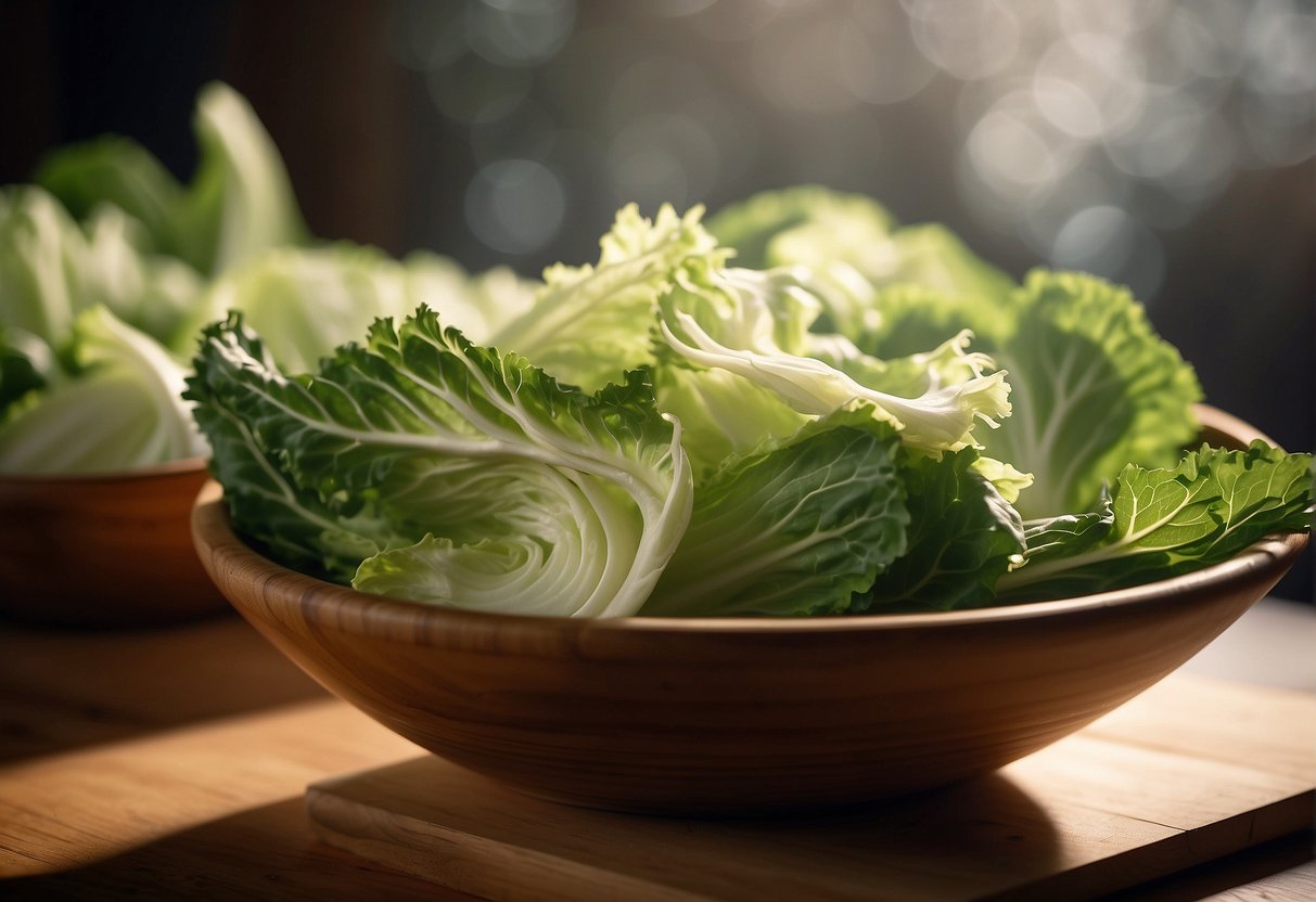 Fresh Chinese cabbage being sliced and seasoned in a wooden bowl