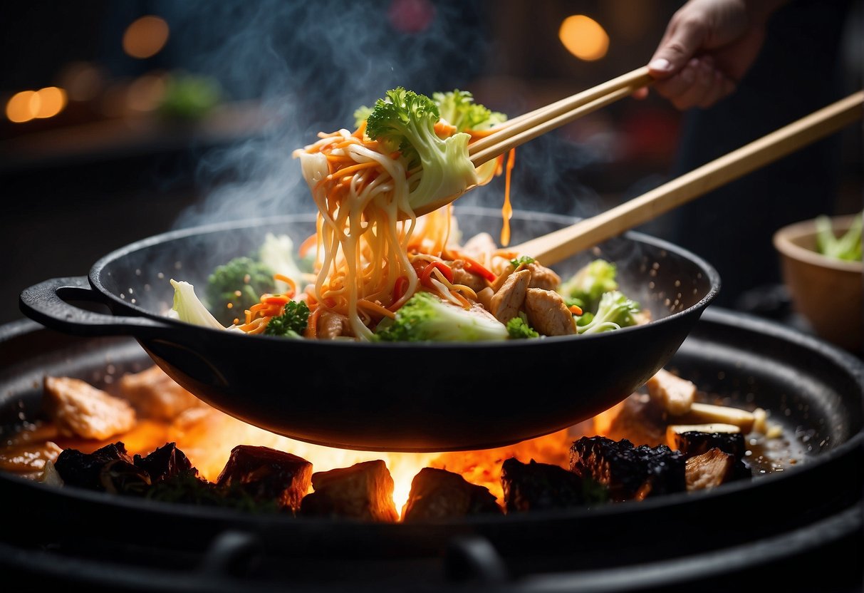 A sizzling wok with vibrant Chinese cabbage, tender chicken, and aromatic stir-fry sauce. Steam rises as the ingredients are tossed and mixed together