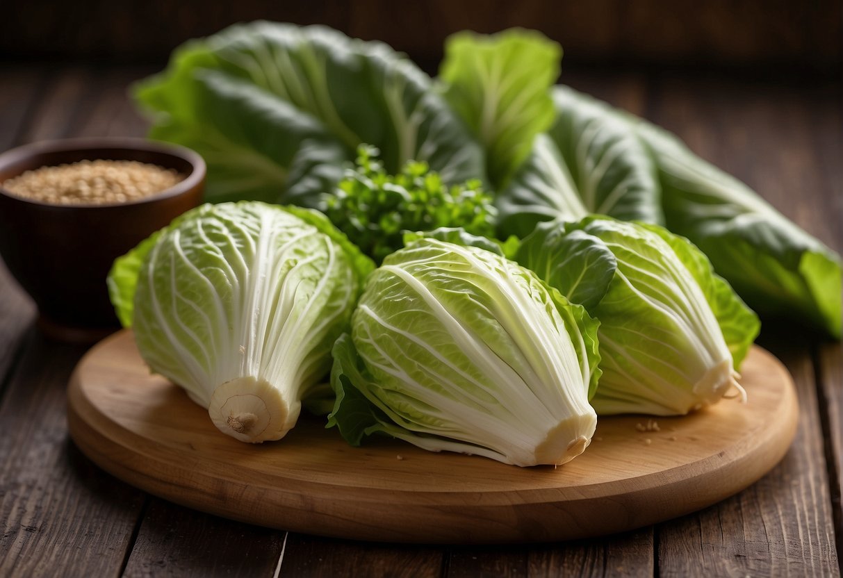Chinese cabbage, ginger, garlic, soy sauce, and sesame oil arranged on a wooden cutting board