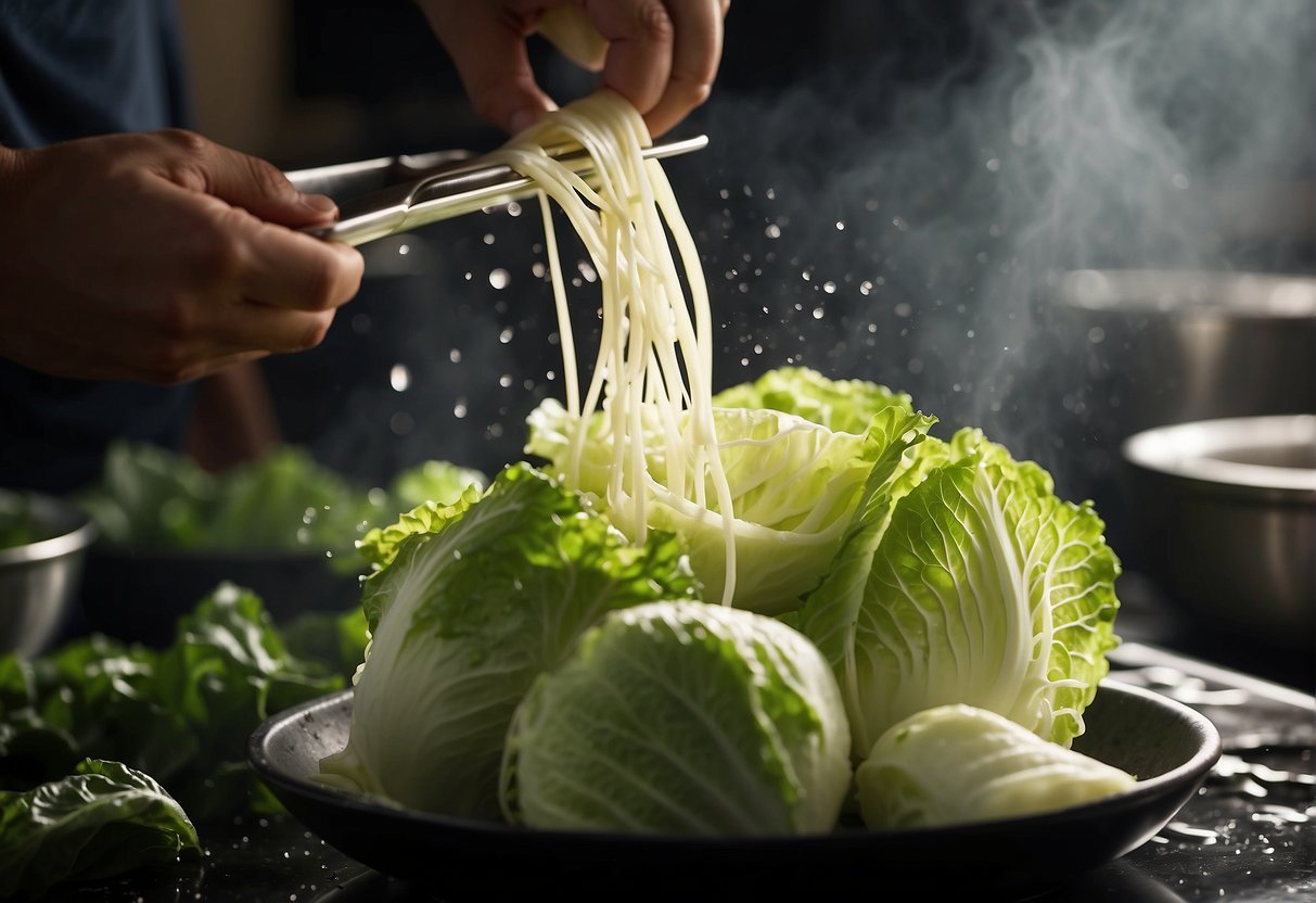 Chinese cabbage being washed, sliced, and seasoned with soy sauce and ginger, ready to be stir-fried in a hot wok