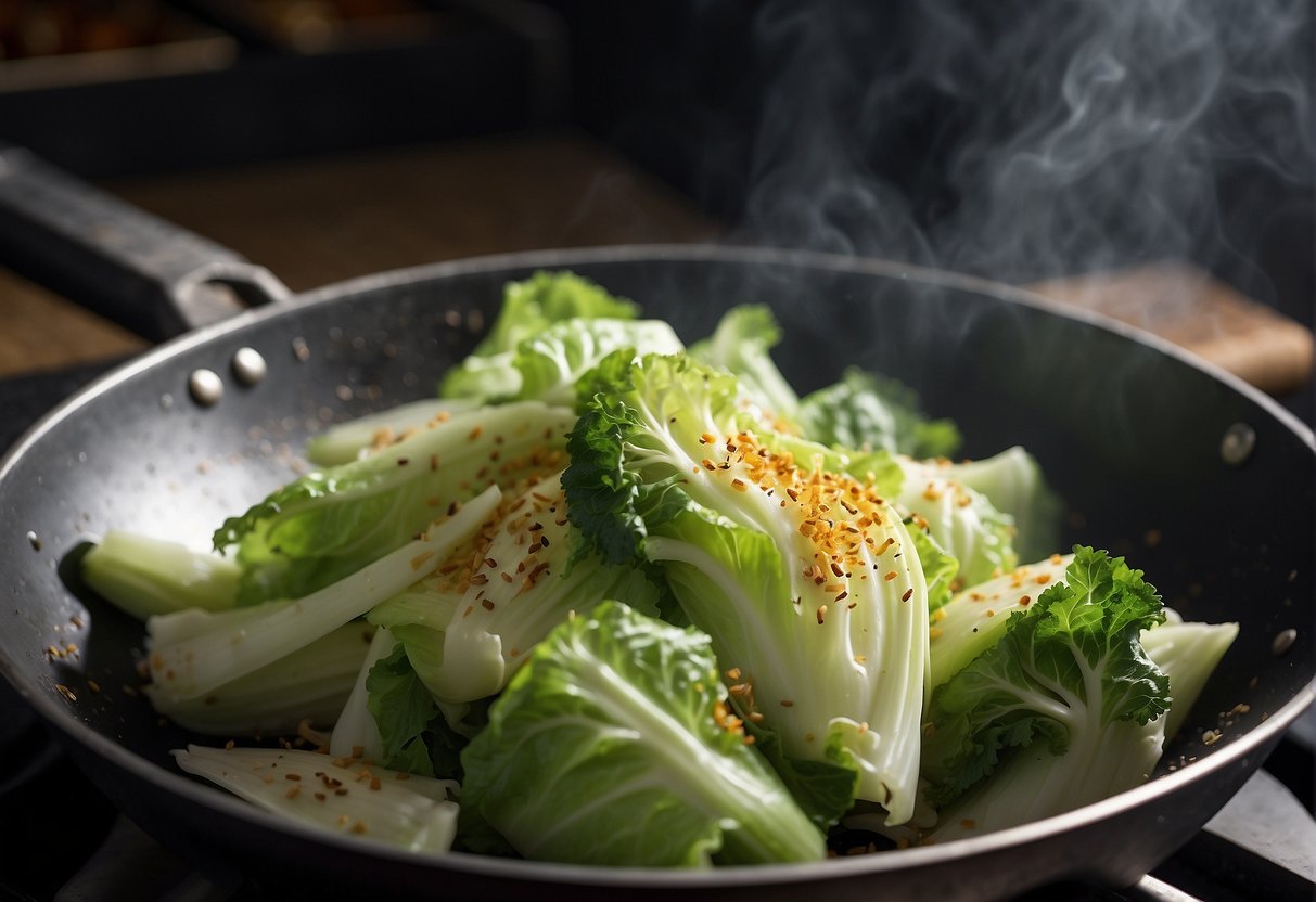Chinese cabbage being stir-fried in a wok with garlic, ginger, and soy sauce, creating steam and sizzling sounds