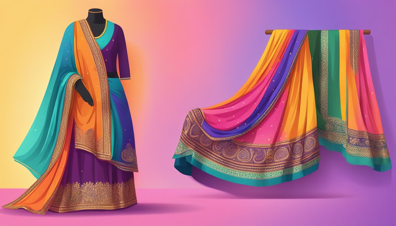 A colorful dupatta displayed on a vibrant background, with an online shopping interface on a digital device