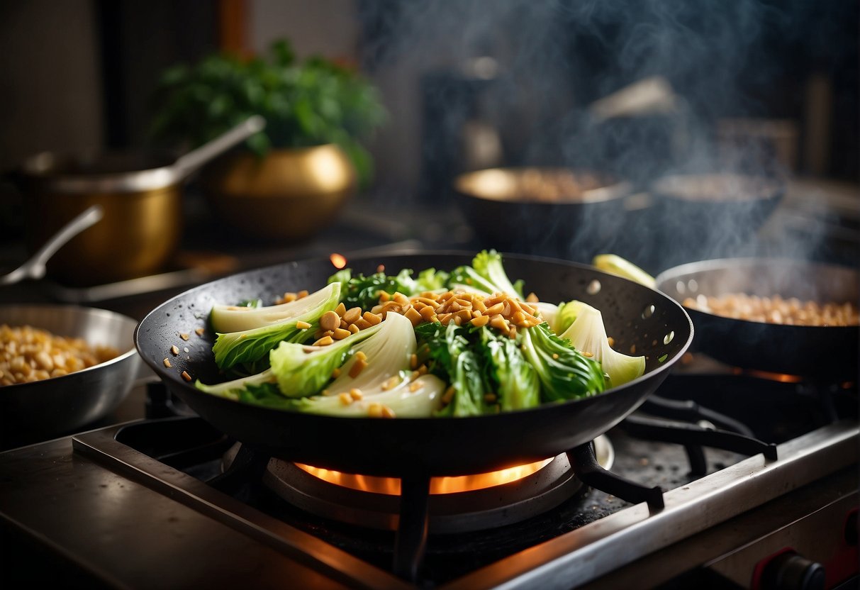 A wok sizzles as Chinese cabbage is stir-fried with garlic, soy sauce, and oyster sauce in a Filipino kitchen