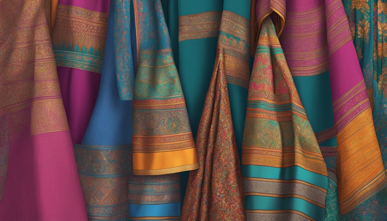 Vibrant dupattas in various colors and patterns displayed on a backdrop of rich fabrics and textures