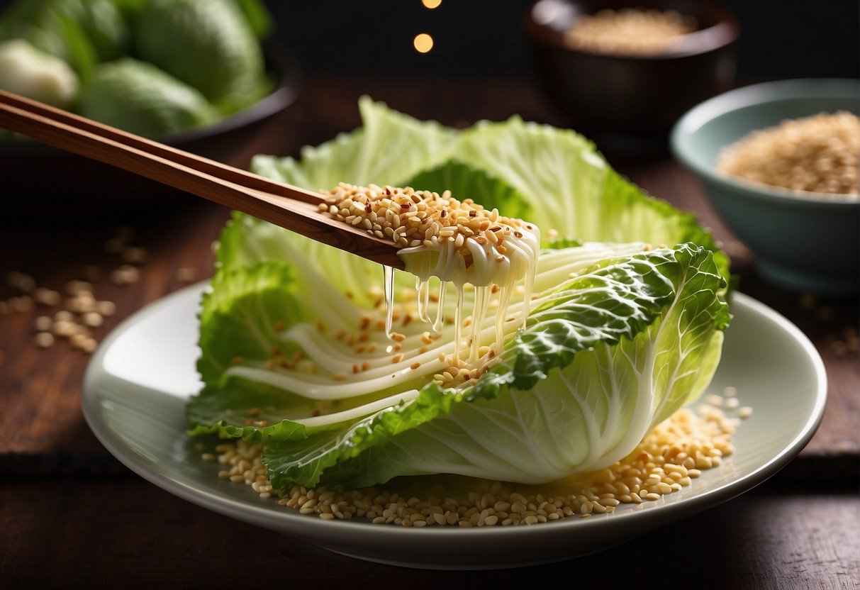 Chinese cabbage being drizzled with soy sauce and sprinkled with sesame seeds and chili flakes, ready to be stir-fried