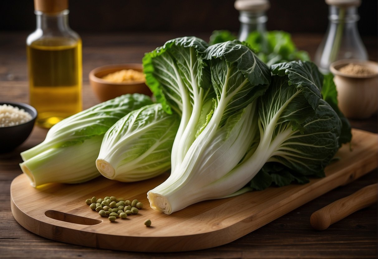 A head of Chinese cabbage sits on a wooden cutting board, surrounded by various cooking ingredients and utensils