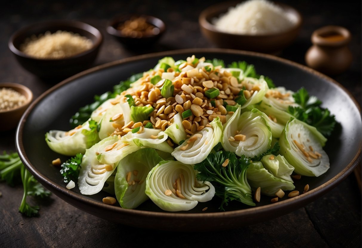 A bowl of stir-fried Chinese cabbage with garlic and soy sauce, garnished with sesame seeds and sliced green onions