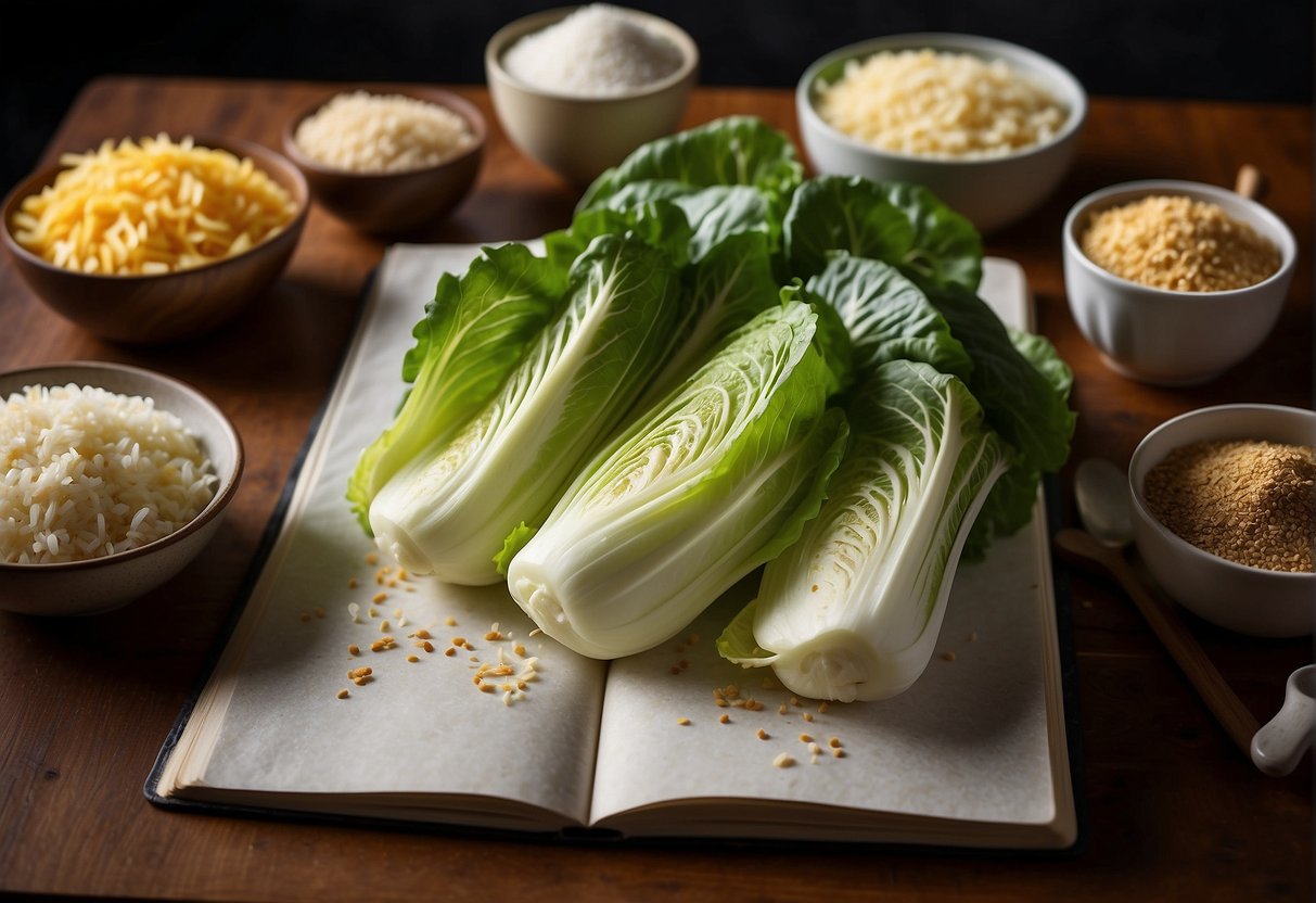 Chinese cabbage, sliced and ready for cooking. Ingredients and seasonings laid out on a kitchen counter. Recipe book open to "Preparation Basics."