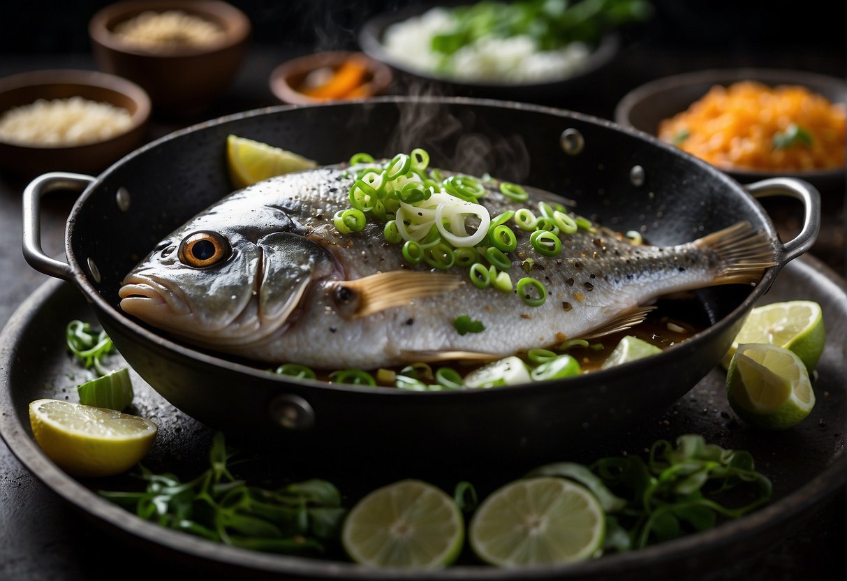 A whole pomfret fish sizzling in a wok of hot oil, surrounded by ginger, garlic, and scallions, with a drizzle of soy sauce and a sprinkle of cilantro on top