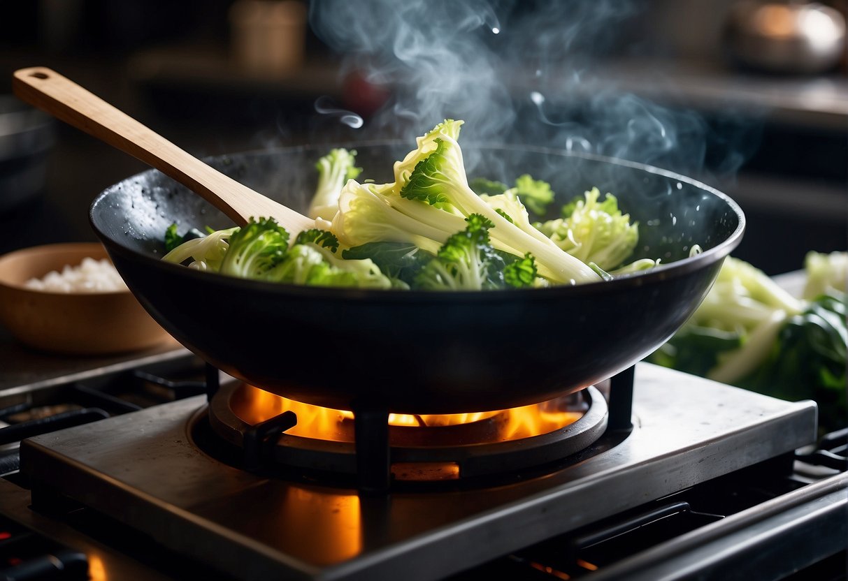 A wok sizzles with stir-fried Chinese cabbage, garlic, and soy sauce. Steam rises as the chef tosses the ingredients with a wooden spatula