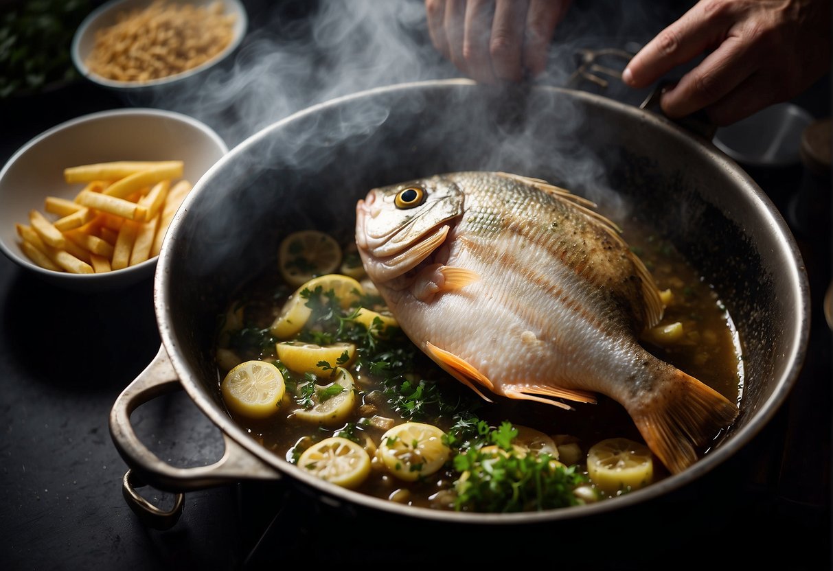 A chef seasons a whole pomfret, dips it in batter, and fries it in a sizzling wok. Steam rises as the fish turns golden and crispy