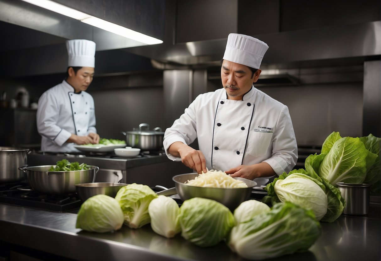 A chef prepares Chinese cabbage in a bustling kitchen, surrounded by various ingredients and utensils. The recipe is displayed on a tablet nearby
