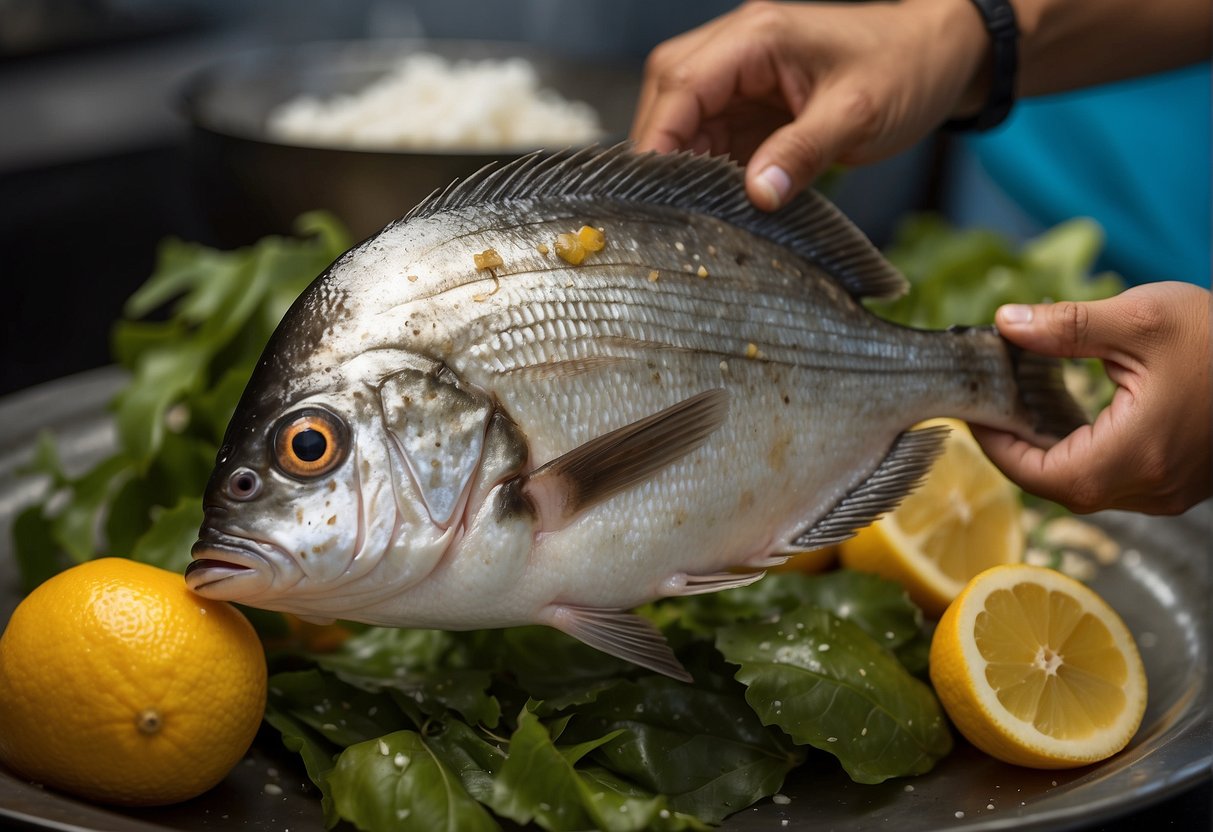 A whole pomfret fish is being cleaned and scaled, then cut into pieces, marinated in soy sauce, ginger, and garlic, and finally coated in cornstarch before being fried in hot oil