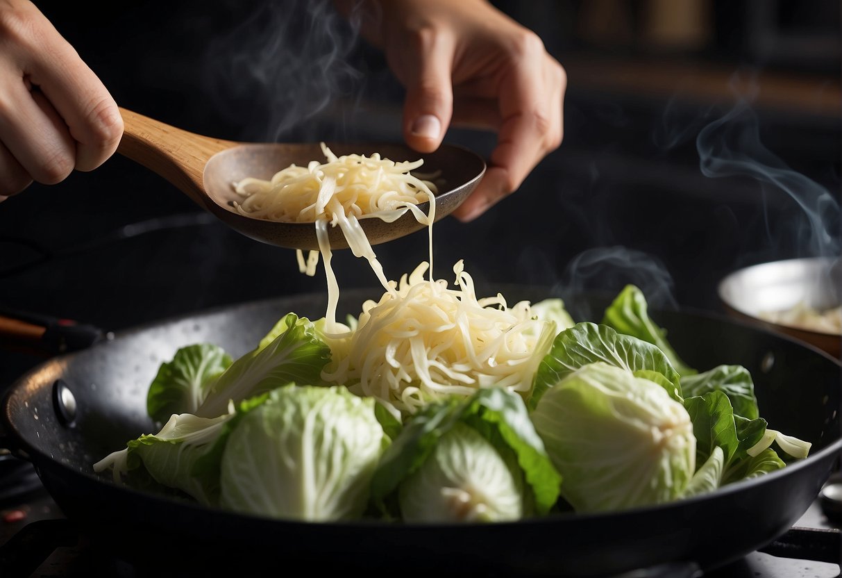 Chinese cabbage being stir-fried in a wok with garlic, ginger, and soy sauce, while being tossed with cooking utensils