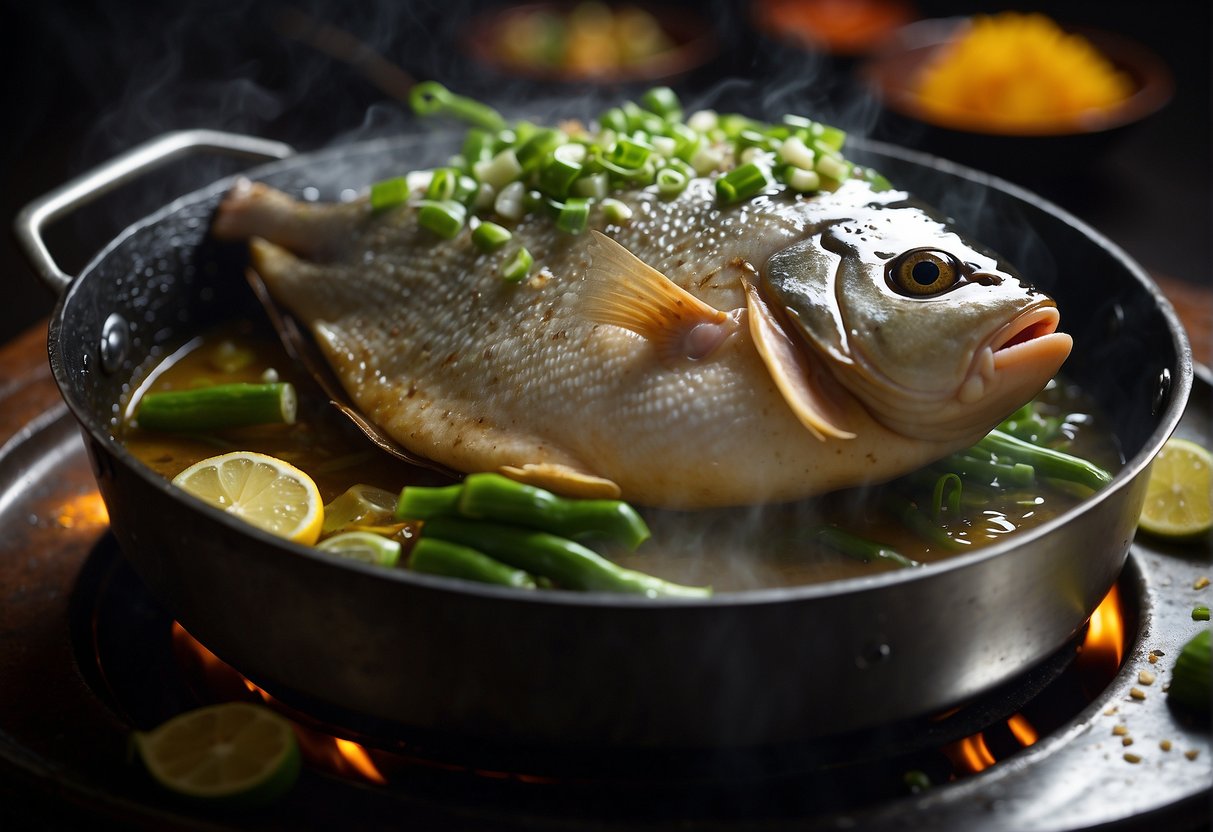 Pomfret sizzling in hot oil, surrounded by ginger and scallions, as steam rises from the pan