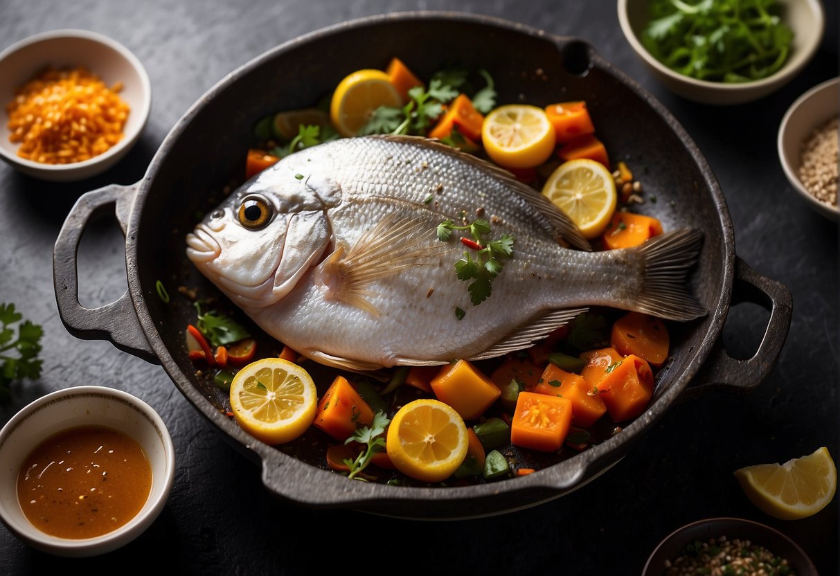 A sizzling pomfret sizzles in a hot wok, surrounded by vibrant Chinese spices and herbs, ready to be paired with a side of steamed vegetables and a tangy dipping sauce