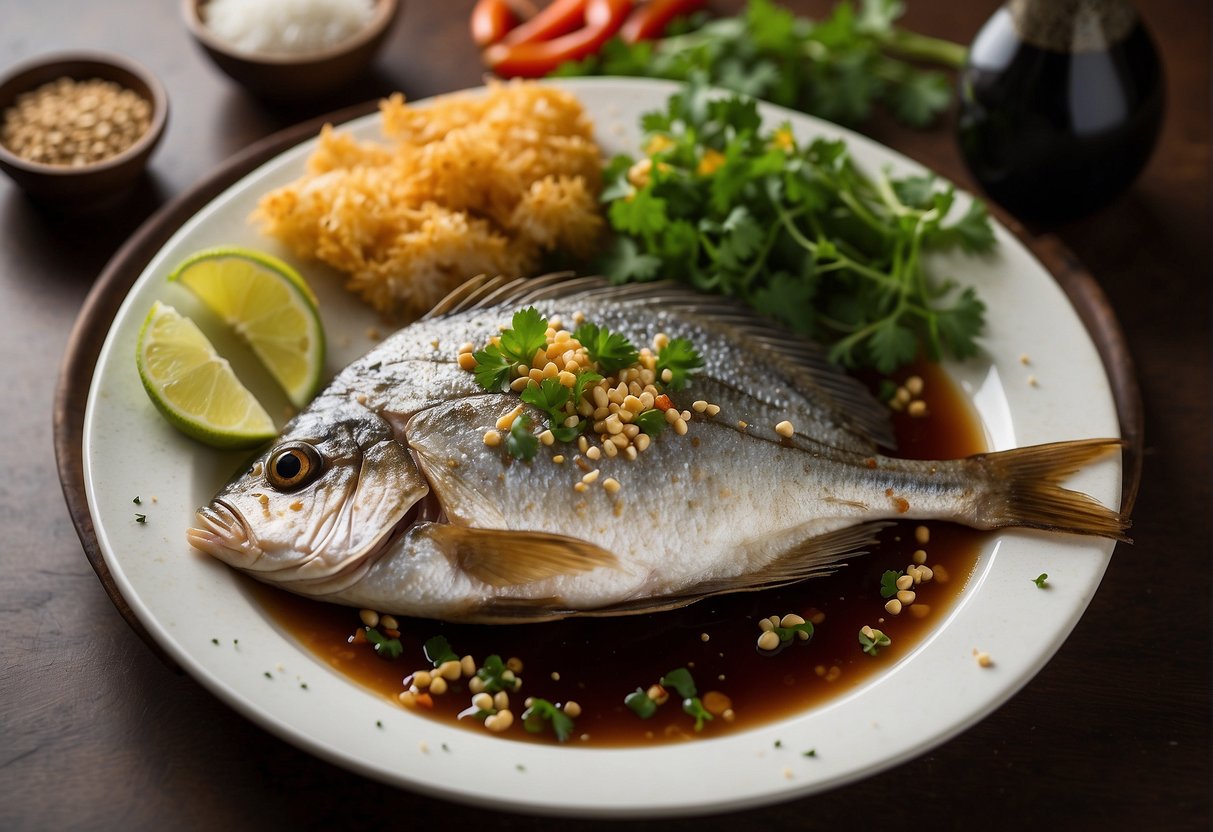A plate of fried pomfret with a side of vegetables, accompanied by a small dish of soy sauce. The golden-brown fish is garnished with fresh herbs and sesame seeds