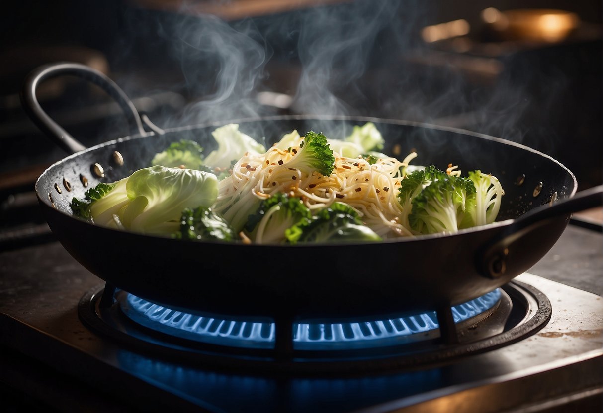 A wok sizzles with Chinese cabbage, garlic, and soy sauce. Steam rises as the flavors meld, creating a mouthwatering aroma