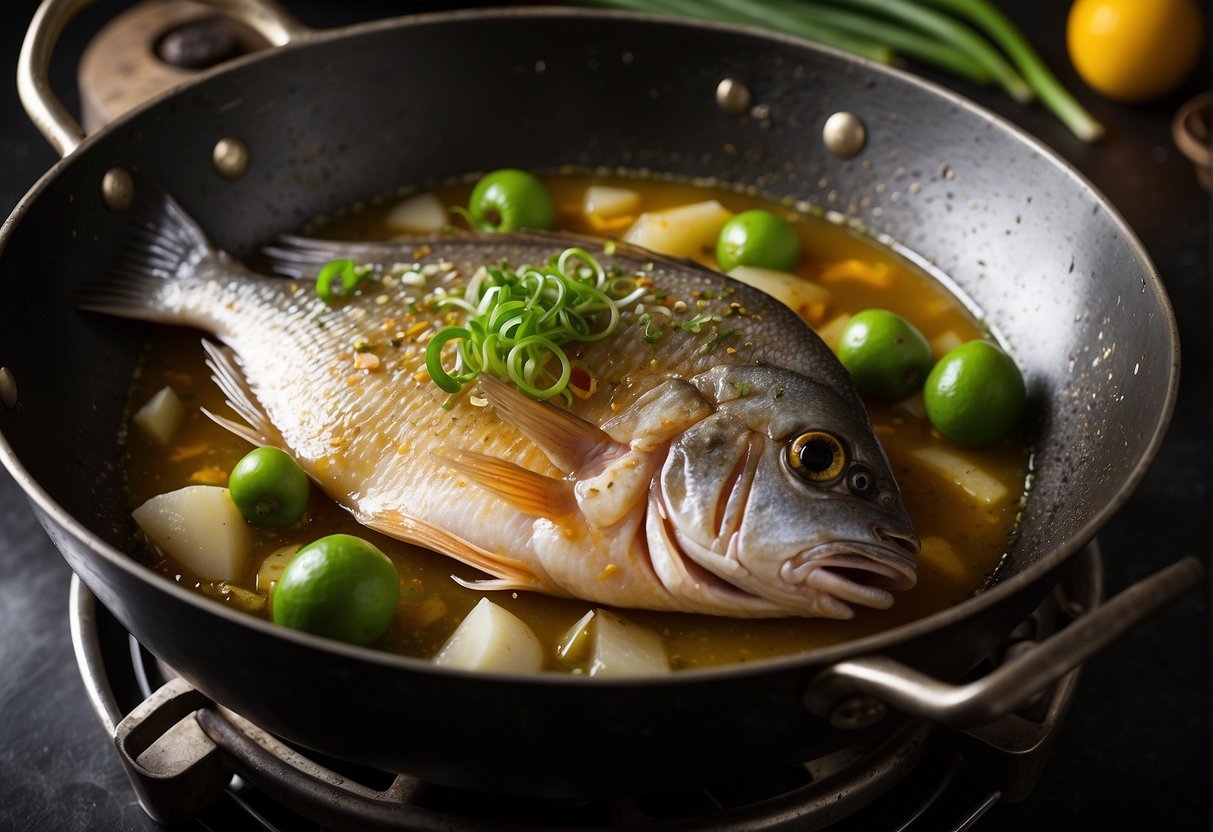A whole pomfret fish sizzling in a wok with hot oil, surrounded by ginger, garlic, and green onions, as it cooks to a golden brown perfection
