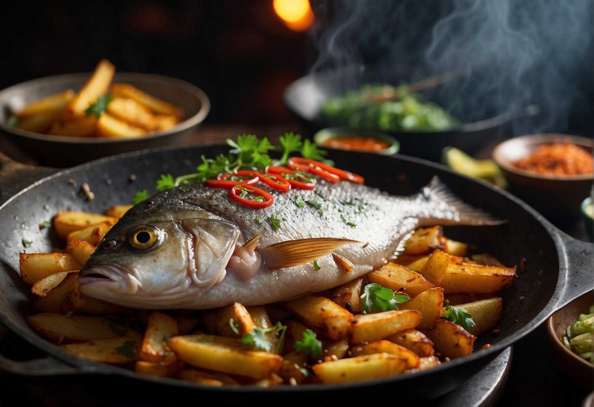 A sizzling hot wok fries up a whole pomfret fish, surrounded by colorful Chinese spices and herbs