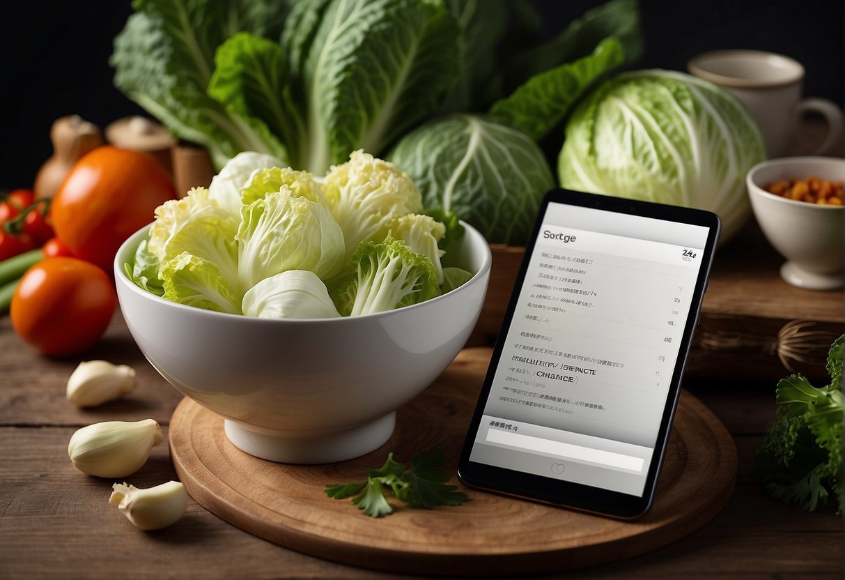 A bowl of Chinese cabbage surrounded by ingredients and a recipe book, with a banner reading "Frequently Asked Questions Chinese Cabbage Recipe Pinoy"