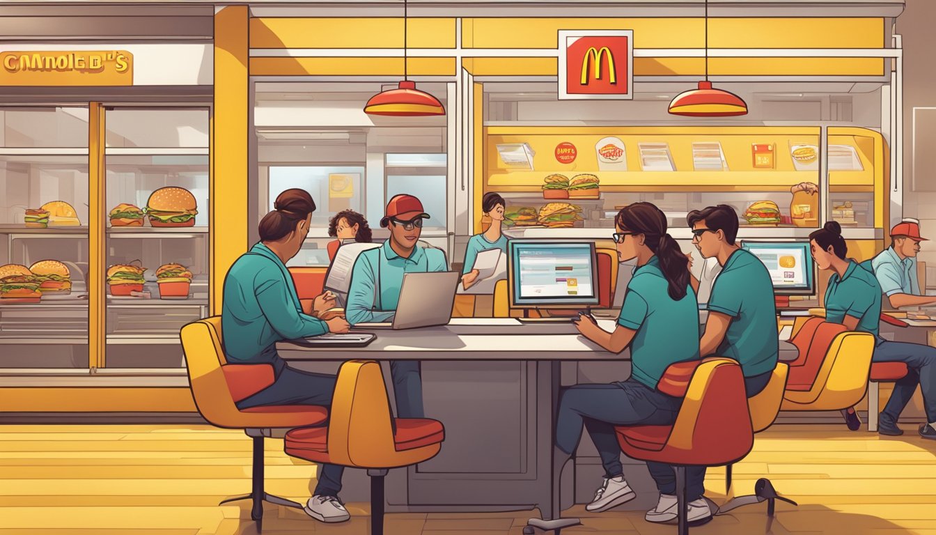 Customers ordering McDonald's online, browsing through FAQs on a digital device, with the iconic golden arches logo in the background