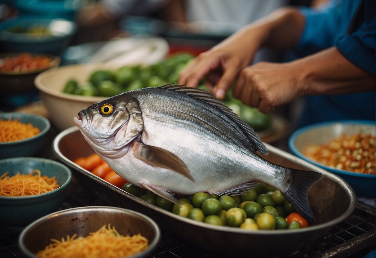 A hand reaching for a fresh pomfret fish at a bustling Chinese market, surrounded by vibrant ingredients and cooking utensils