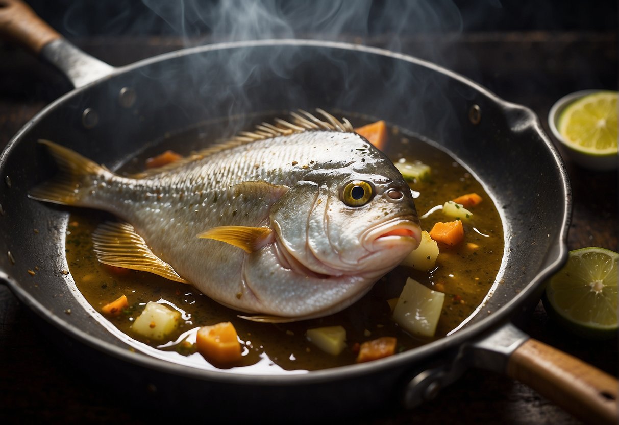 Pomfret fish sizzling in hot oil, seasoned with Chinese spices, and flipped with a spatula