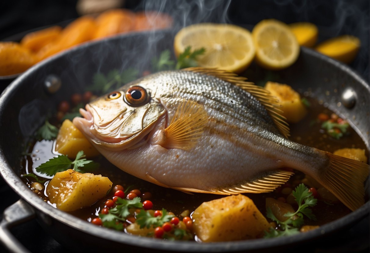A golden-brown pomfret fish sizzling in a hot pan with fragrant Chinese spices and herbs, creating a mouthwatering aroma