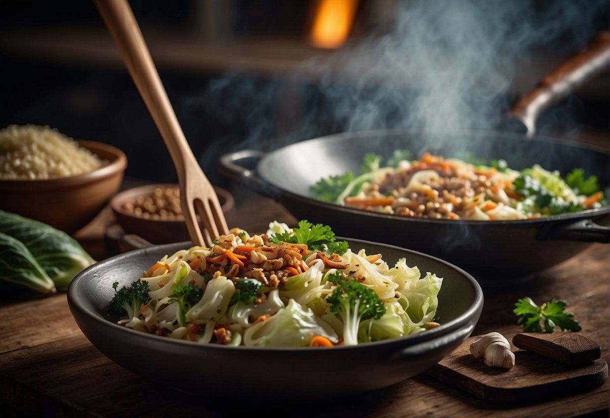 A wok sizzles with stir-fried Chinese cabbage, as aromatic Indian spices fill the air. A mortar and pestle sit nearby, ready to crush fresh herbs for the recipe