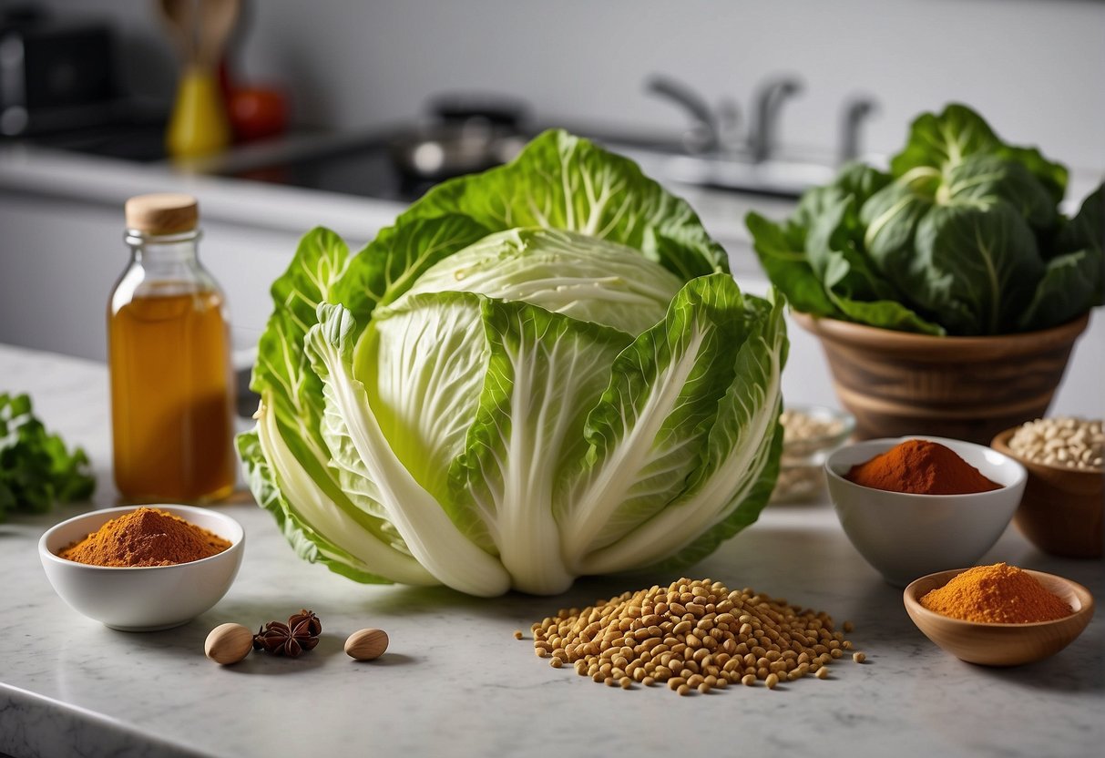 Chinese cabbage, Indian spices, and essential ingredients laid out on a kitchen countertop