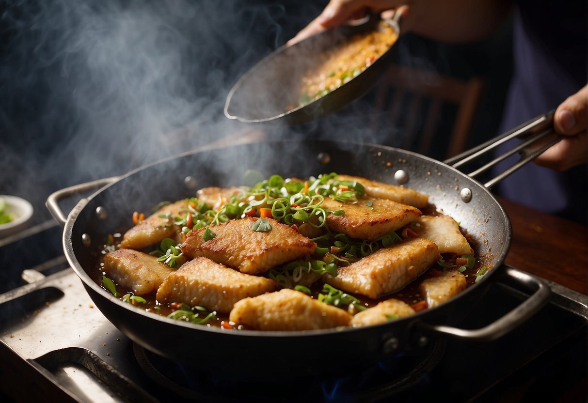 A sizzling hot wok with a golden-brown, crispy pomfret fish being fried in fragrant Chinese spices and herbs. Steam rising, and the fish is being carefully turned with a spatula