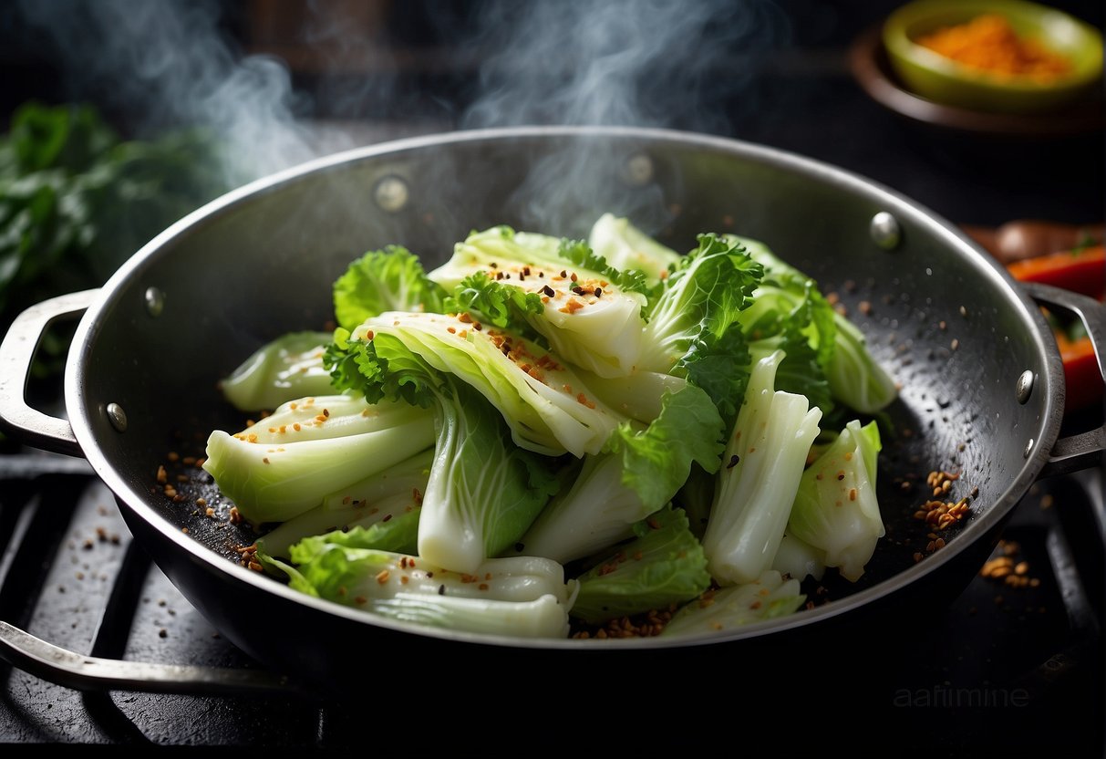 Chinese cabbage being stir-fried in a wok with Indian spices, sizzling and releasing aromatic steam