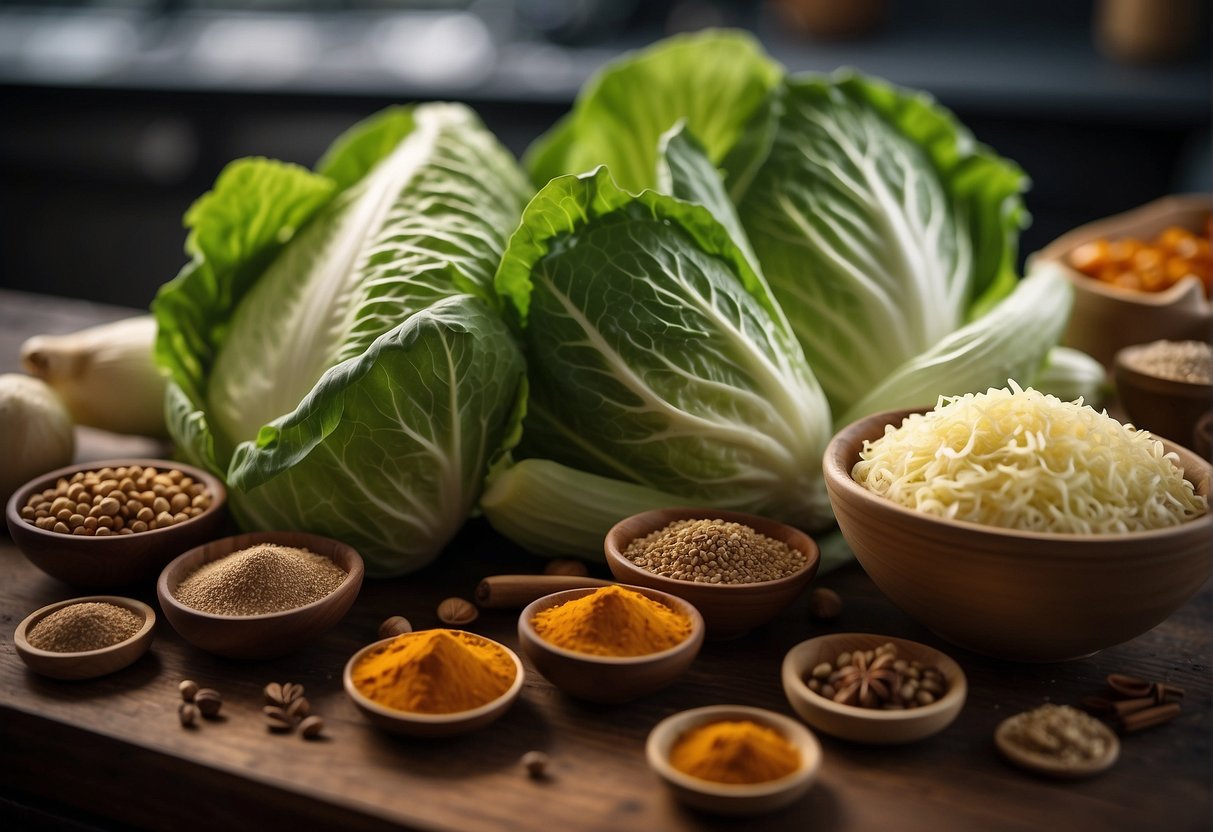 Chinese cabbage and Indian spices arranged on a kitchen counter for recipe variations illustration